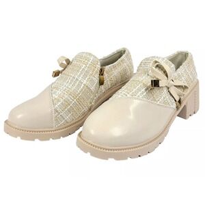Bow Accent Cream Tweed Block Heel Loafers